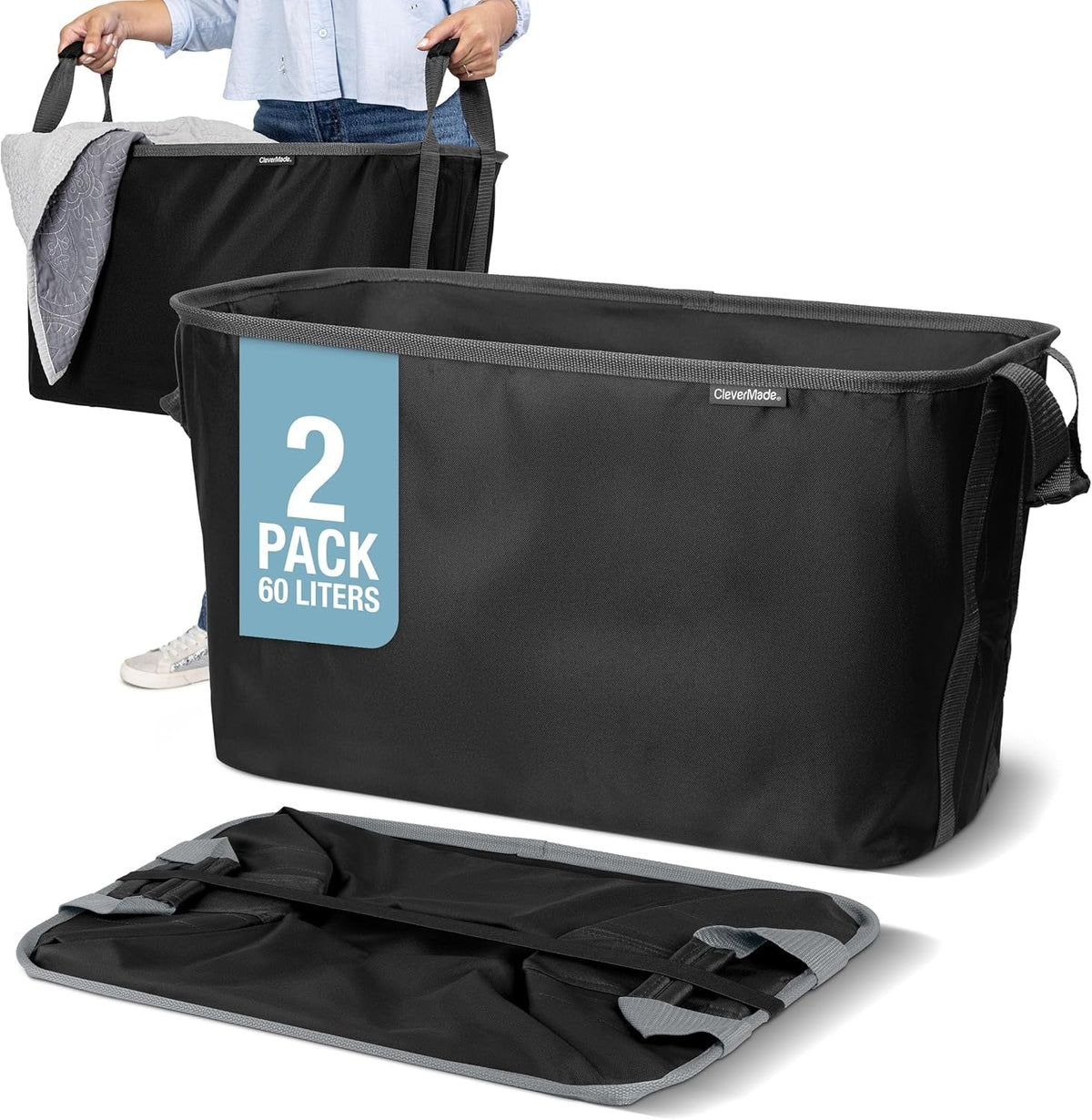 Collapsible Laundry Basket, 60L, 2 Pack, Black | Each Basket Supports 55 Lb and Stays Upright While Loading, Then Folds to 1.25 Inches for Closets, Dorms, and Rvs.