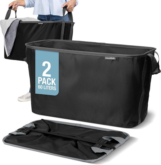 Collapsible Laundry Basket, 60L, 2 Pack, Black | Each Basket Supports 55 Lb and Stays Upright While Loading, Then Folds to 1.25 Inches for Closets, Dorms, and Rvs.