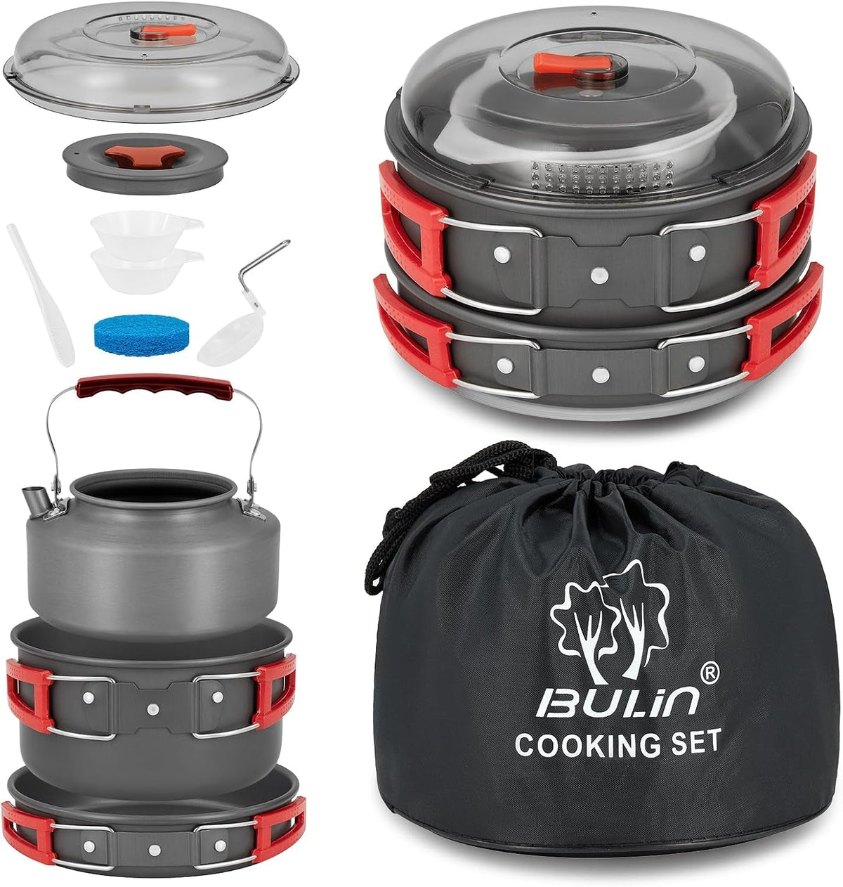 Camping Cookware, Portable Pots Kettle and Pans Set, 13 PCS for 3-4 | Lightweight Backpacking Cooking Set Outdoor Cook Gear for Family Hiking Picnic (Kettle Pot, Frying Pan, Bowls, Plates, Spoon)
