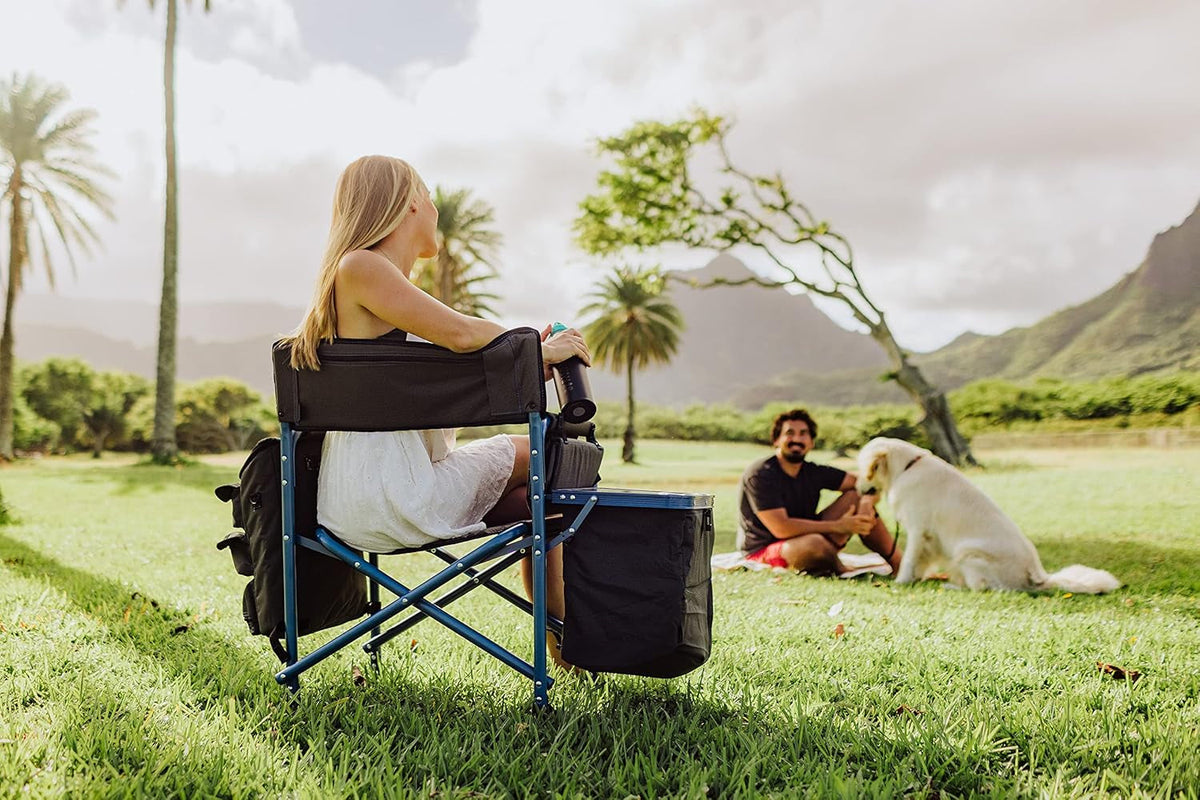 Fusion Camping Chair with Side Table and Soft Cooler, Outdoor Foldable Padded Camping Chairs with Cup Holder for Lawn, Beach, & Sports Use for Adults, (Dark Gray Blue Accents)