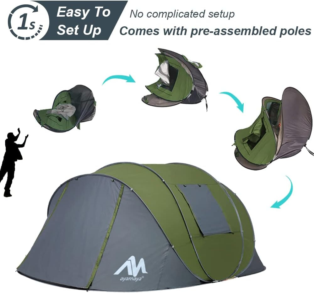Waterproof 6 Person Easy Pop up Tents for Camping with Vestibule | Instant Setup, Double-Layer Anti-Condensation, Porch Poles Included, Large Size for Family 4-6 People Hiking, Travelling