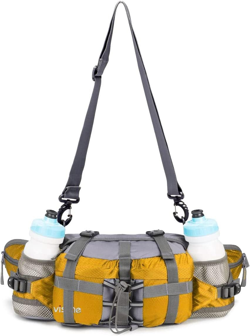 Outdoor Fanny Pack Hydration Waist Pack 2 Water Bottle Holder Men Women | Medium-Large 11X5X6", Hold up to 25Oz Water Bottle, 3 Way to Wear, 7 Pockets, Breathable Mesh, Fits 28-50 Inch Waist