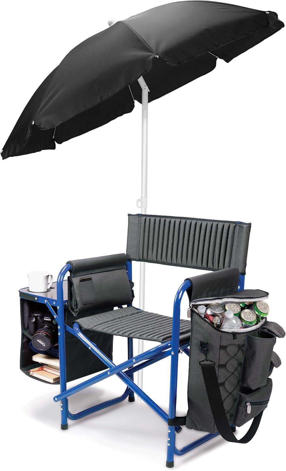 Fusion Camping Chair with Side Table and Soft Cooler, Outdoor Foldable Padded Camping Chairs with Cup Holder for Lawn, Beach, & Sports Use for Adults, (Dark Gray Blue Accents)