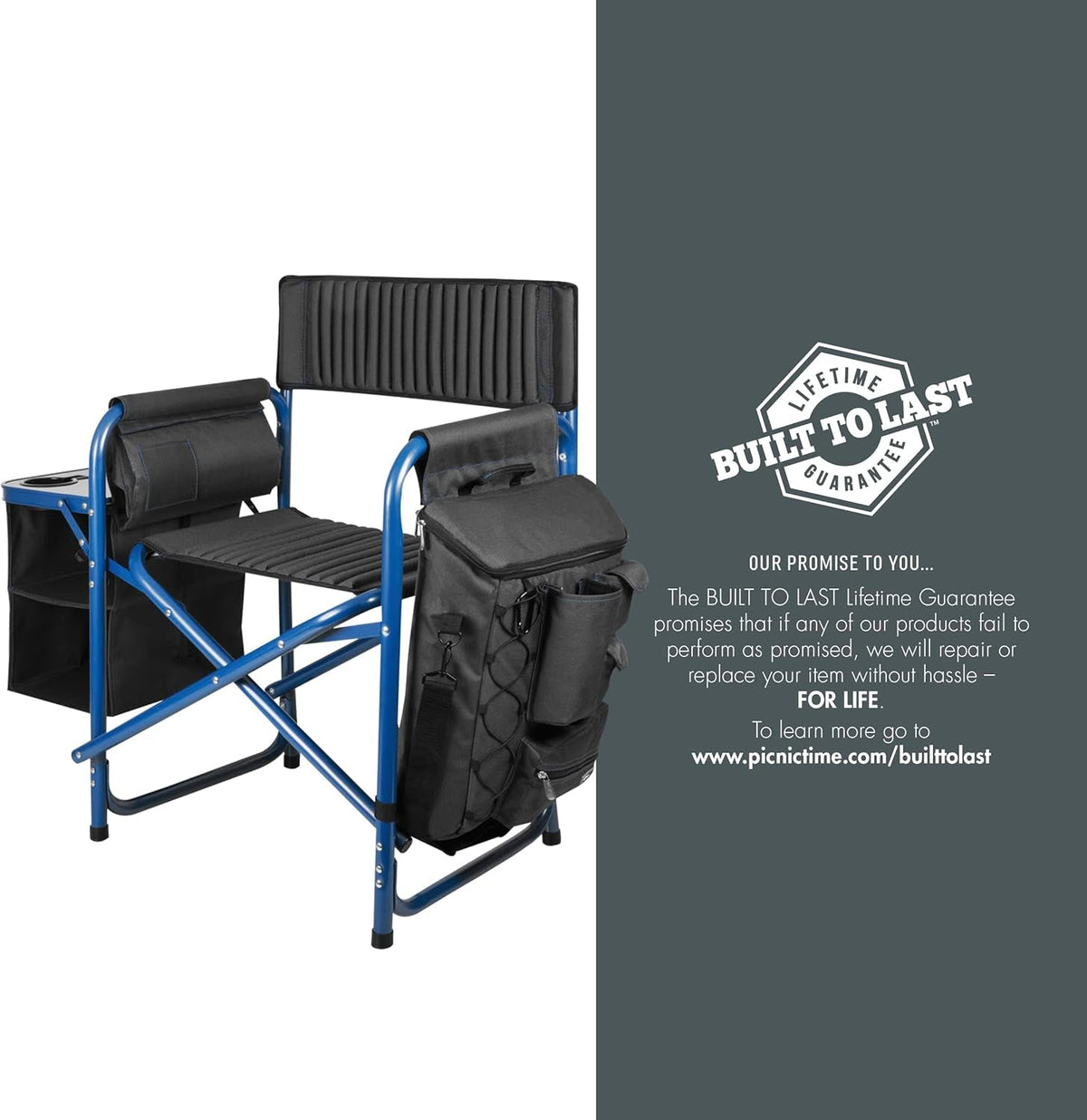 Fusion Camping Chair with Side Table and Soft Cooler, Outdoor Foldable Padded Camping Chairs with Cup Holder for Lawn, Beach, & Sports Use for Adults, (Dark Gray Blue Accents)