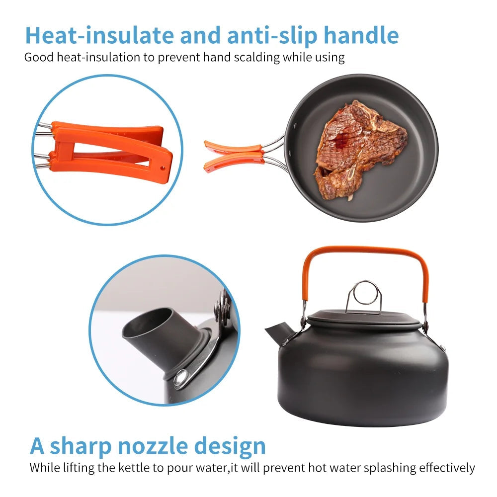 Camping Cookware Set Camping Gear Camp Mess Kit Campfire Utensils Non-Stick Cooking Equipment Lightweight Stackable Pot Pan Bowls with Storage Bag for Outdoor Hiking