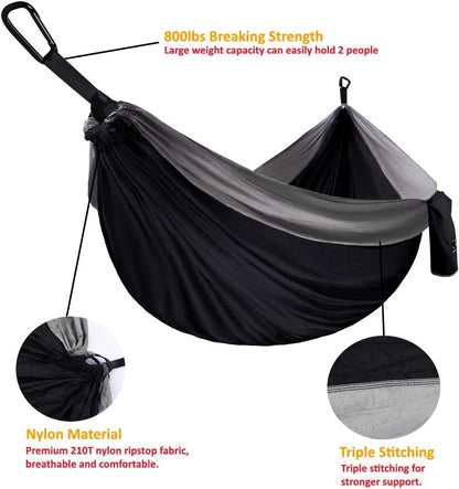 Camping Hammock - Portable Hammock Single Hammock Camping Accessories Gear for Outdoor Indoor Adult Kids, USA Based Brand (Black & Grey)