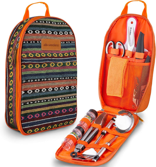 Camp Kitchen Cooking Utensil Set Travel Organizer Grill Accessories Portable Compact Gear for Backpacking BBQ Camping Hiking Travel Cookware Kit Water Resistant Case