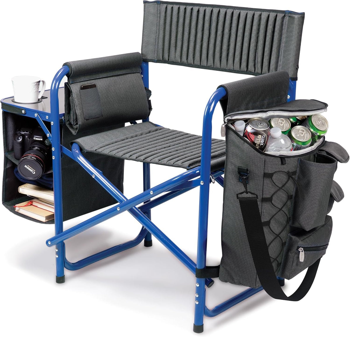 Fusion Camping Chair with Side Table and Soft Cooler, Outdoor Foldable Padded Camping Chairs with Cup Holder for Lawn, Beach, & Sports Use for Adults, (Dark Gray Blue Accents)