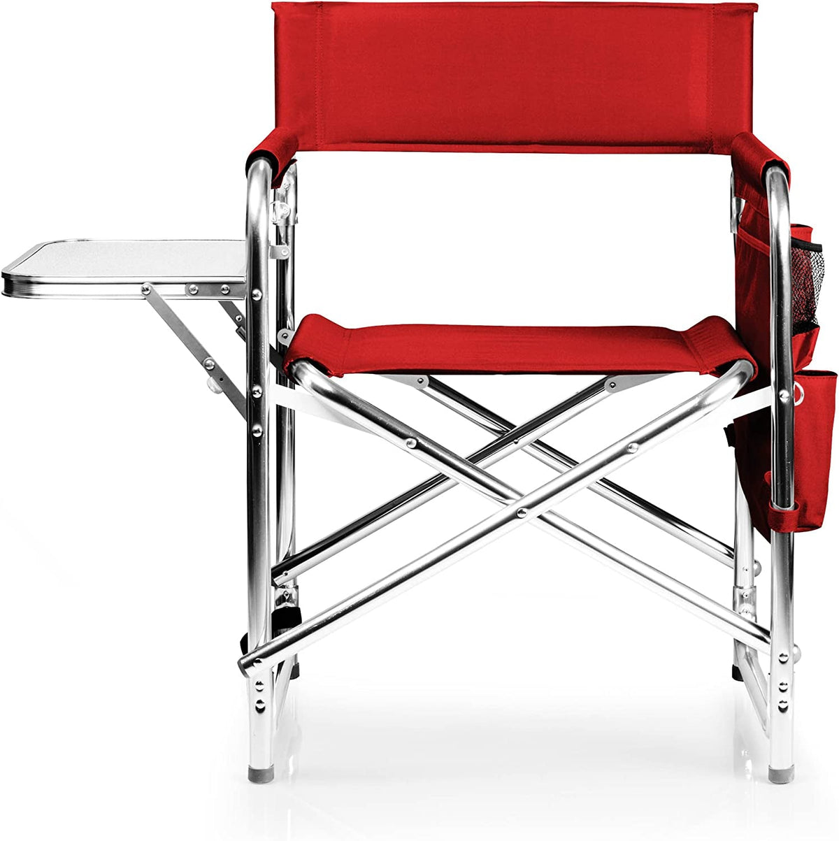 Sports Chair with Side Table and Armrest Caddy, Lightweight Aluminum Folding Outdoor Camping Chair for Adults, Portable Director Style Lawn Seating with Pockets & Carry Strap, (Red)