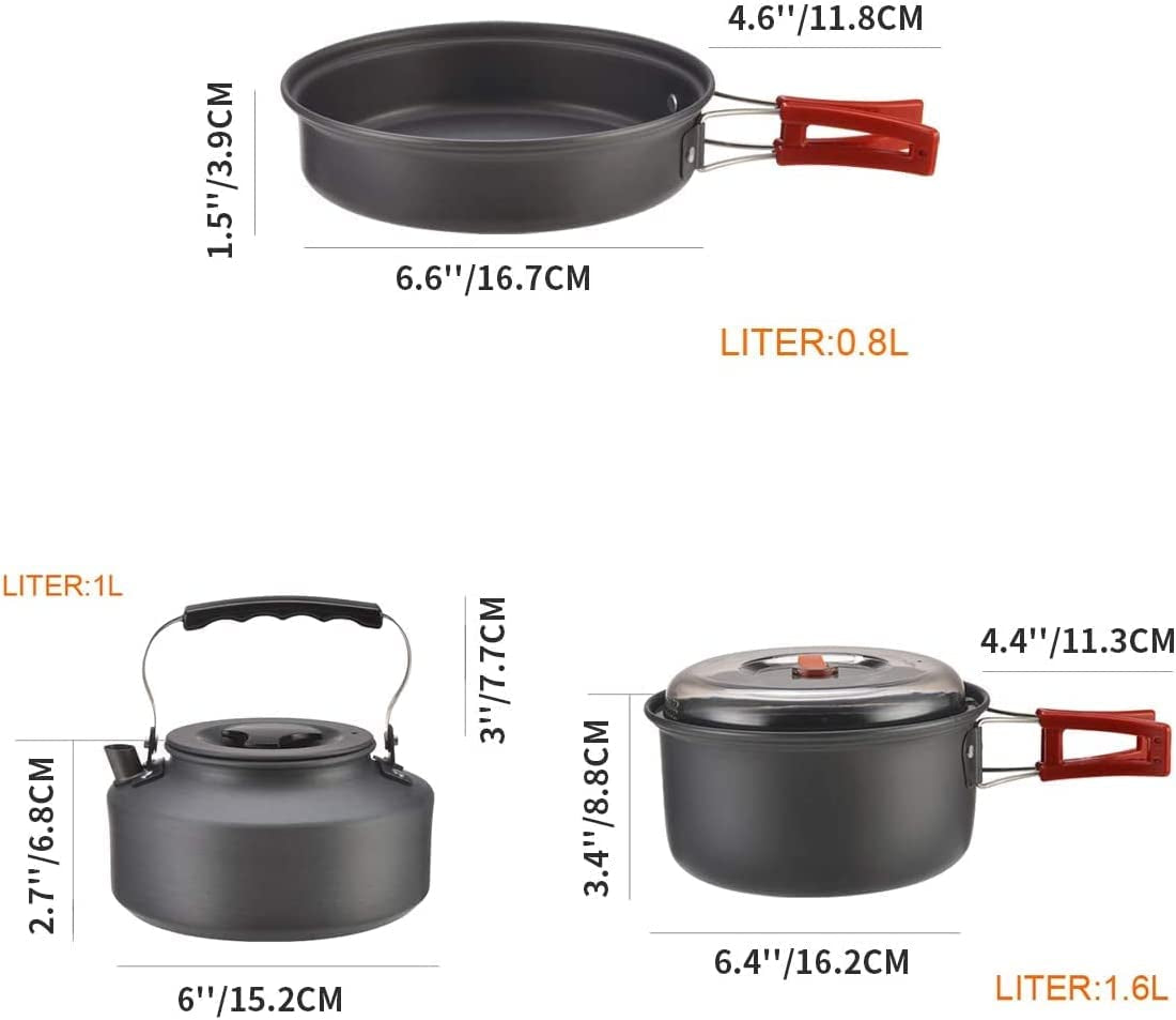 Camping Cookware, Portable Pots Kettle and Pans Set, 13 PCS for 3-4 | Lightweight Backpacking Cooking Set Outdoor Cook Gear for Family Hiking Picnic (Kettle Pot, Frying Pan, Bowls, Plates, Spoon)