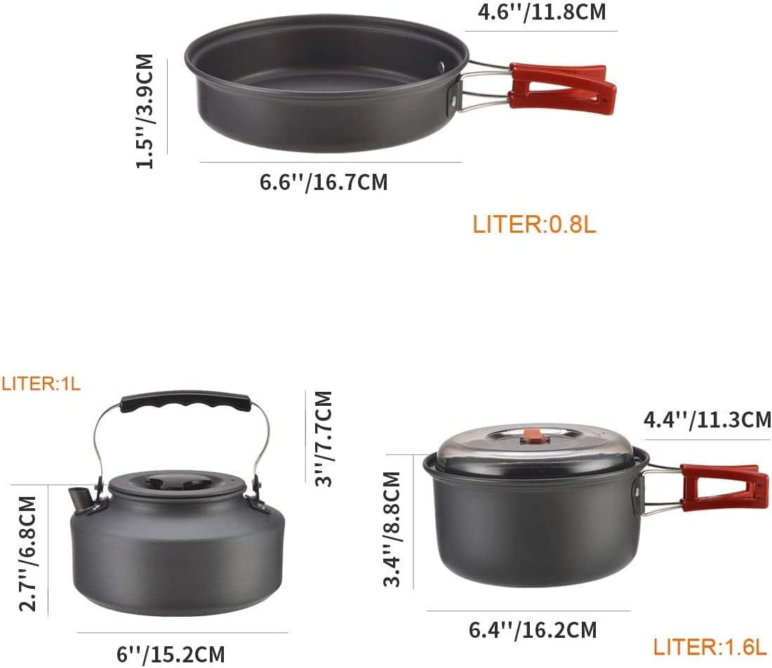 Camping Cookware, Portable Pots Kettle and Pans Set, 13 PCS for 3-4 | Lightweight Backpacking Cooking Set Outdoor Cook Gear for Family Hiking Picnic (Kettle Pot, Frying Pan, Bowls, Plates, Spoon)