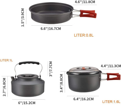Camping Cookware, Portable Pots Kettle and Pans Set, 13 PCS for 3-4 | Lightweight Backpacking Cooking Set Outdoor Cook Gear for Family Hiking Picnic (Kettle Pot, Frying Pan, Bowls, Plates, Spoon)