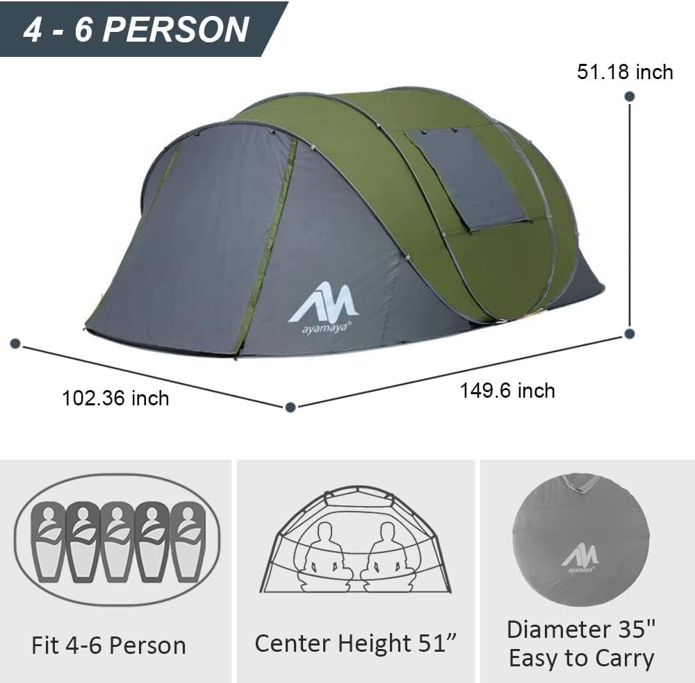 Waterproof 6 Person Easy Pop up Tents for Camping with Vestibule | Instant Setup, Double-Layer Anti-Condensation, Porch Poles Included, Large Size for Family 4-6 People Hiking, Travelling
