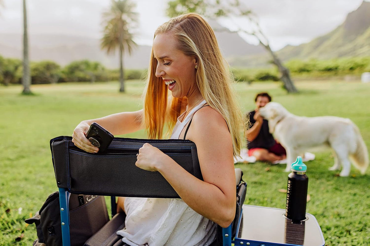 Fusion Camping Chair with Side Table and Soft Cooler, Outdoor Foldable Padded Camping Chairs with Cup Holder for Lawn, Beach, & Sports Use for Adults, (Dark Gray Blue Accents)