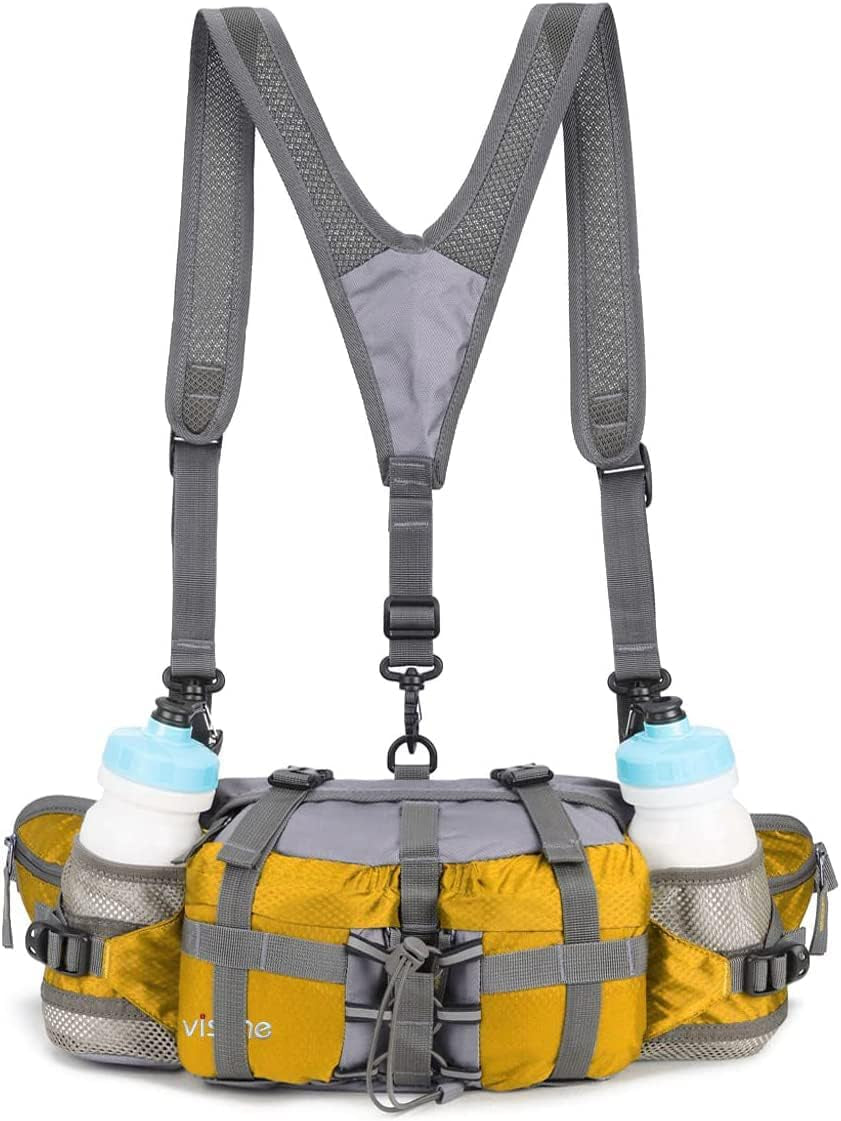Outdoor Fanny Pack Hydration Waist Pack 2 Water Bottle Holder Men Women | Medium-Large 11X5X6", Hold up to 25Oz Water Bottle, 3 Way to Wear, 7 Pockets, Breathable Mesh, Fits 28-50 Inch Waist